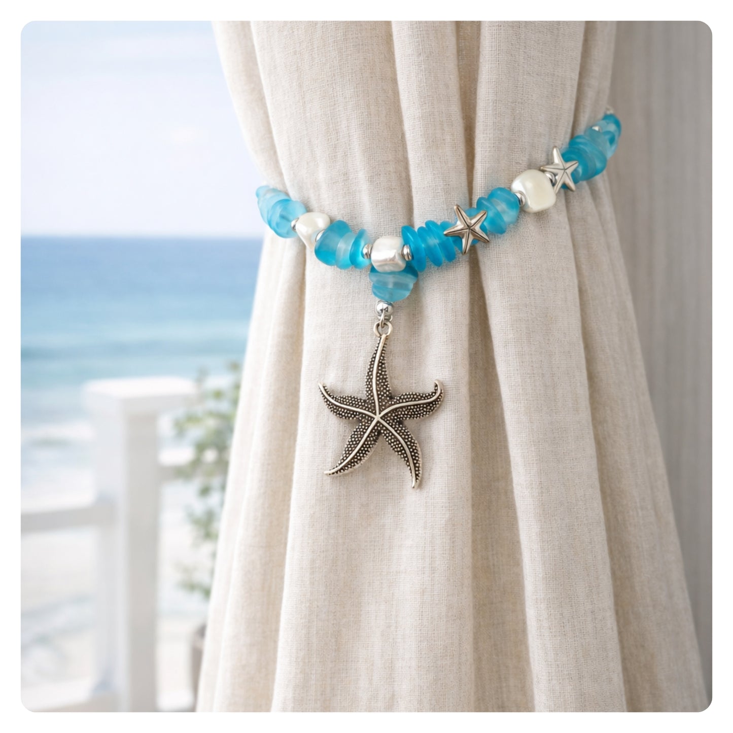 Starfish Curtain Tiebacks – Blue Sea Glass Beaded Coastal Beach Decor, Set of 2