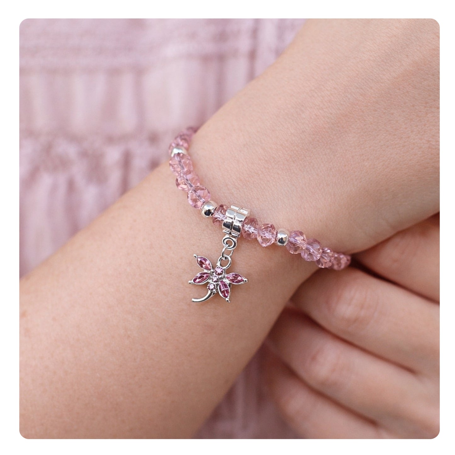 Pink Crystal Dragonfly Keychain Bracelet – Wrist Lanyard, Handmade Gift for Her