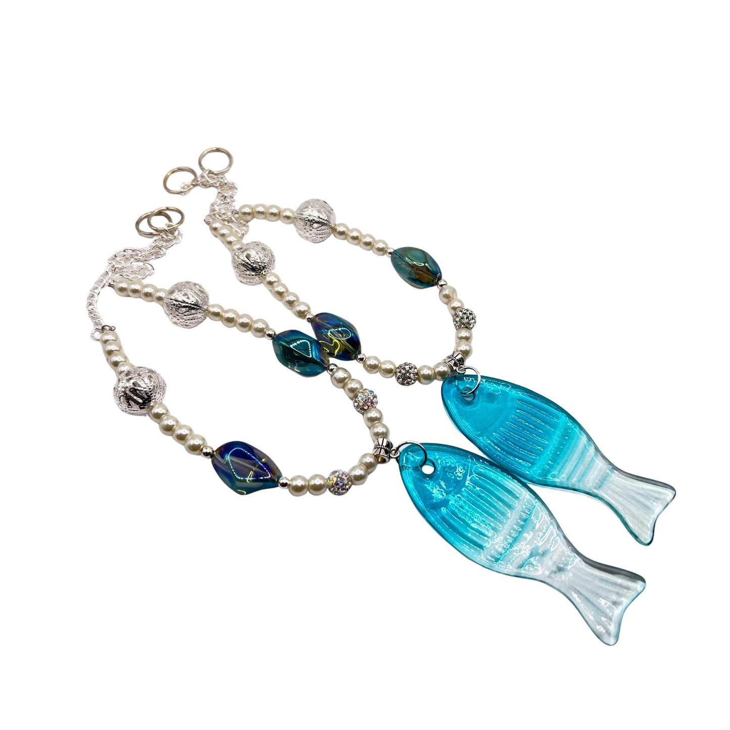 Fish Curtain Tiebacks – Pearl Bead & Glass Fish Pendant Coastal Home Decor, Handmade Set of 2