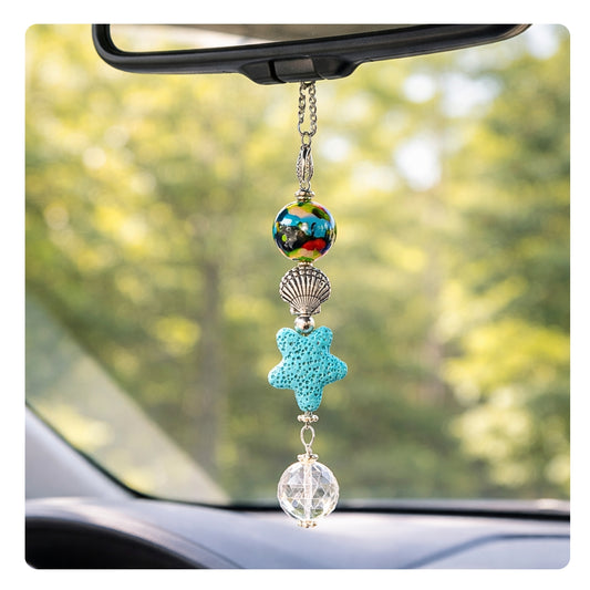 Starfish sun catcher rear view mirror car charm with essential oil diffuser — handmade coastal beach accessory