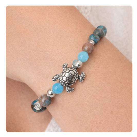 Crazy lace agate and lava stone sea turtle aromatherapy diffuser bracelet — handmade coastal gemstone jewelry