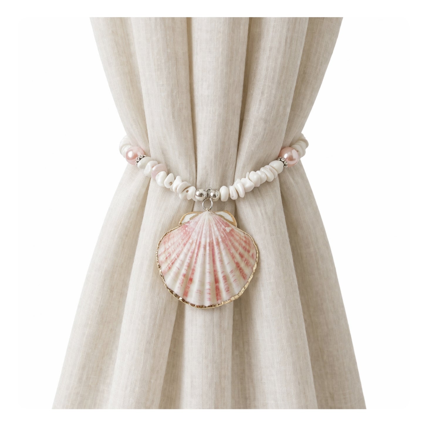 Pink Shell Curtain Tiebacks – Beachy Beaded Window Decor, Set of 2, 18 Inches