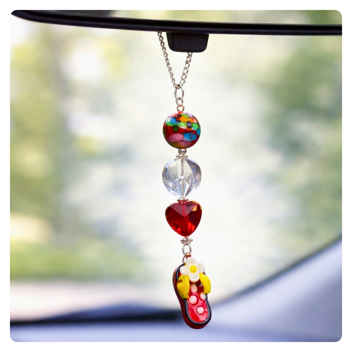Beachy Car Charm – Sun Catcher Rear View Mirror Charm with Glass Beads & Flip Flop, Choose Your Color