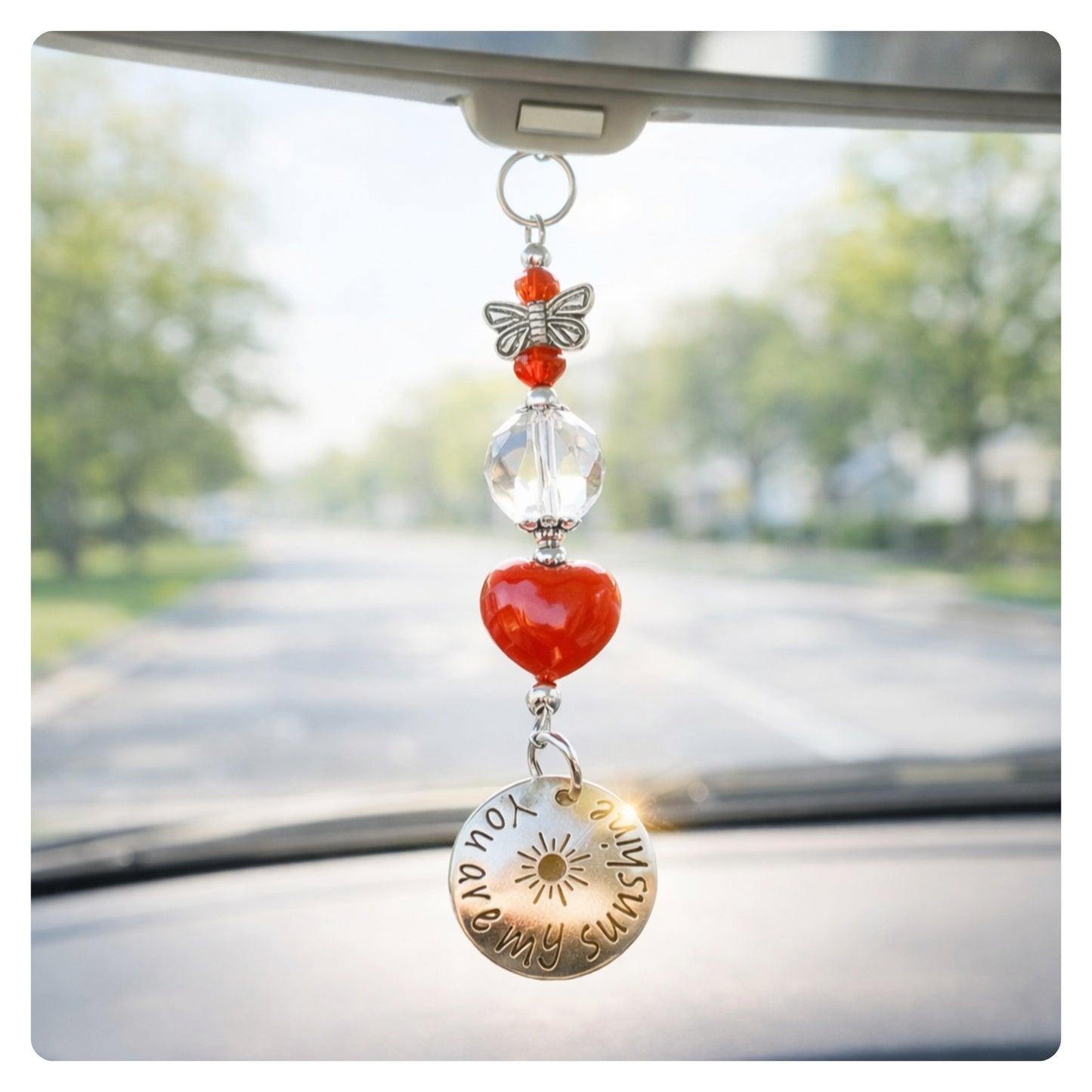 Seashell Car Charm – Rear View Mirror Sun Catcher with Crystal Heart & Sea Glass