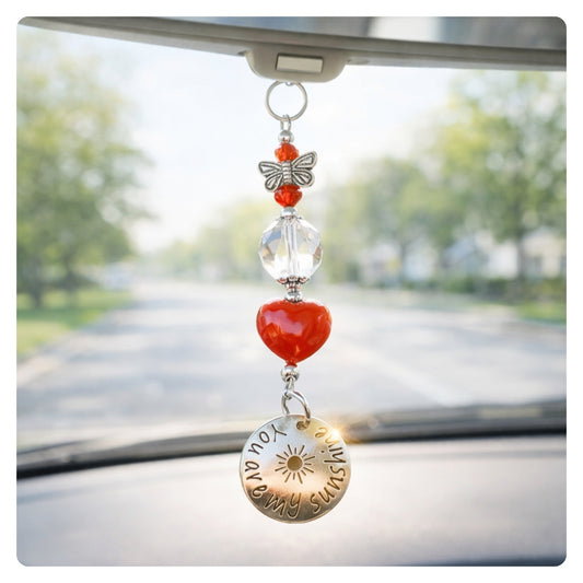 Seashell Car Charm – Rear View Mirror Sun Catcher with Crystal Heart & Sea Glass