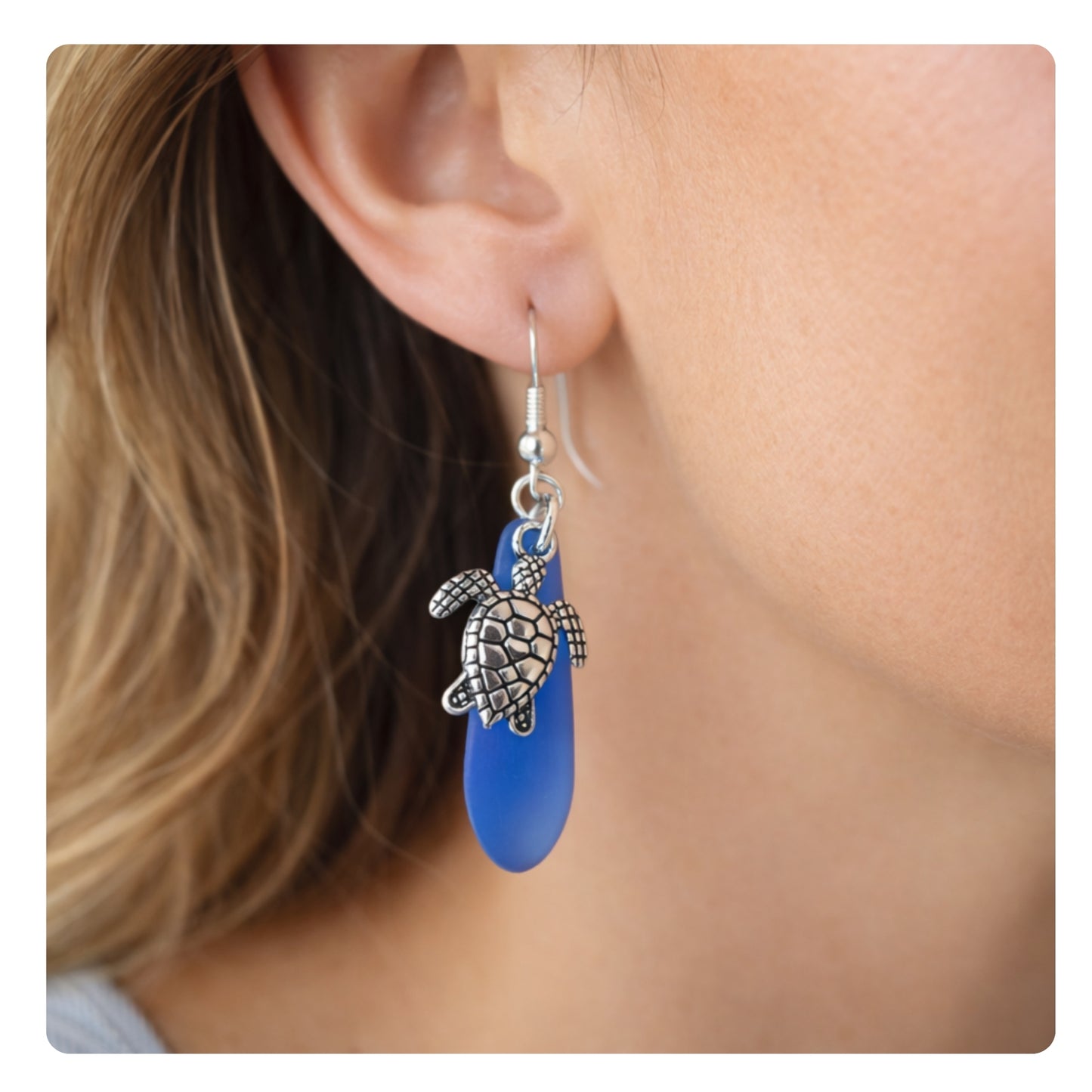 Cobalt blue sea glass sea turtle dangle earrings — handmade coastal beach jewelry