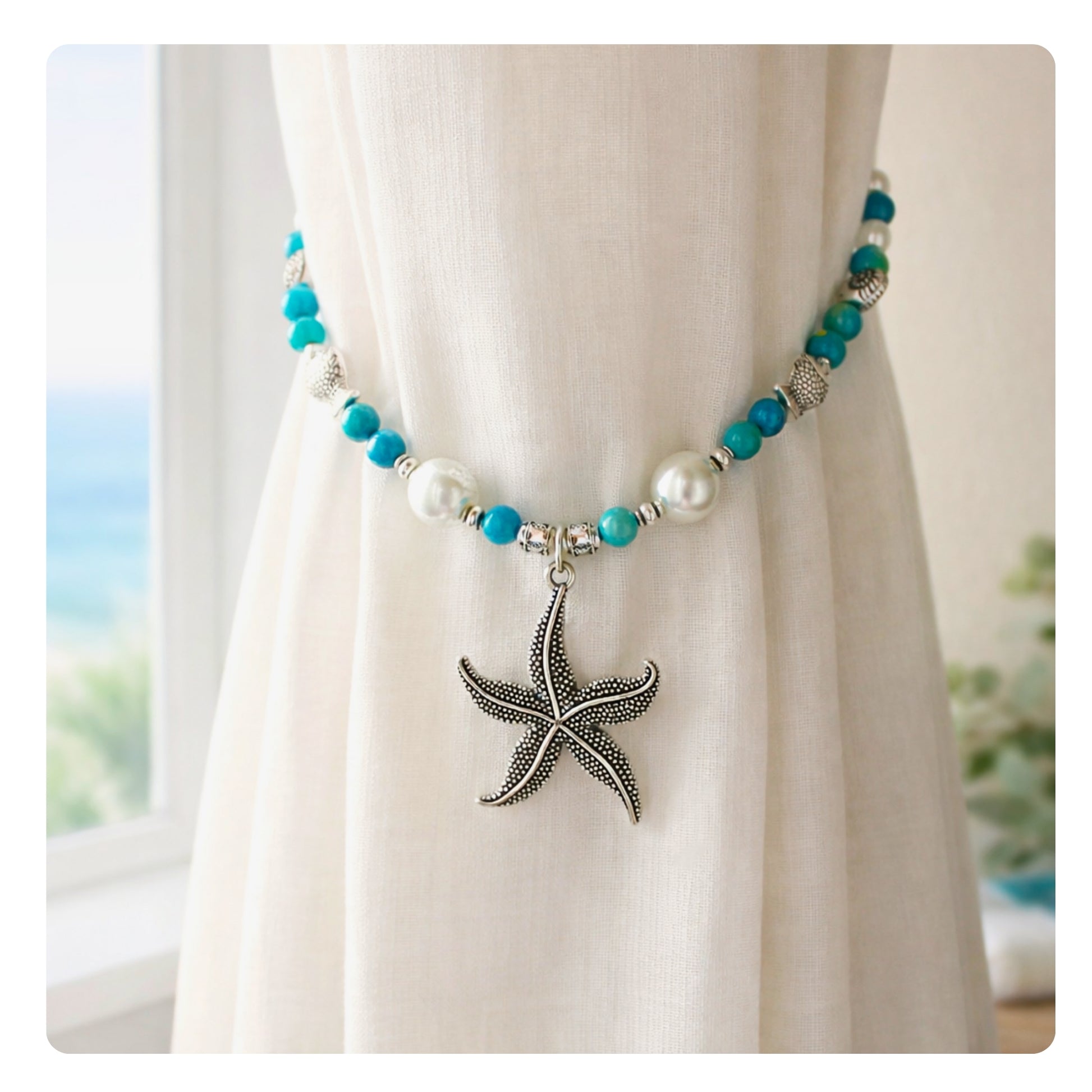 Beaded starfish curtain tiebacks shown styled on sheer curtains — handmade nautical beach home decor