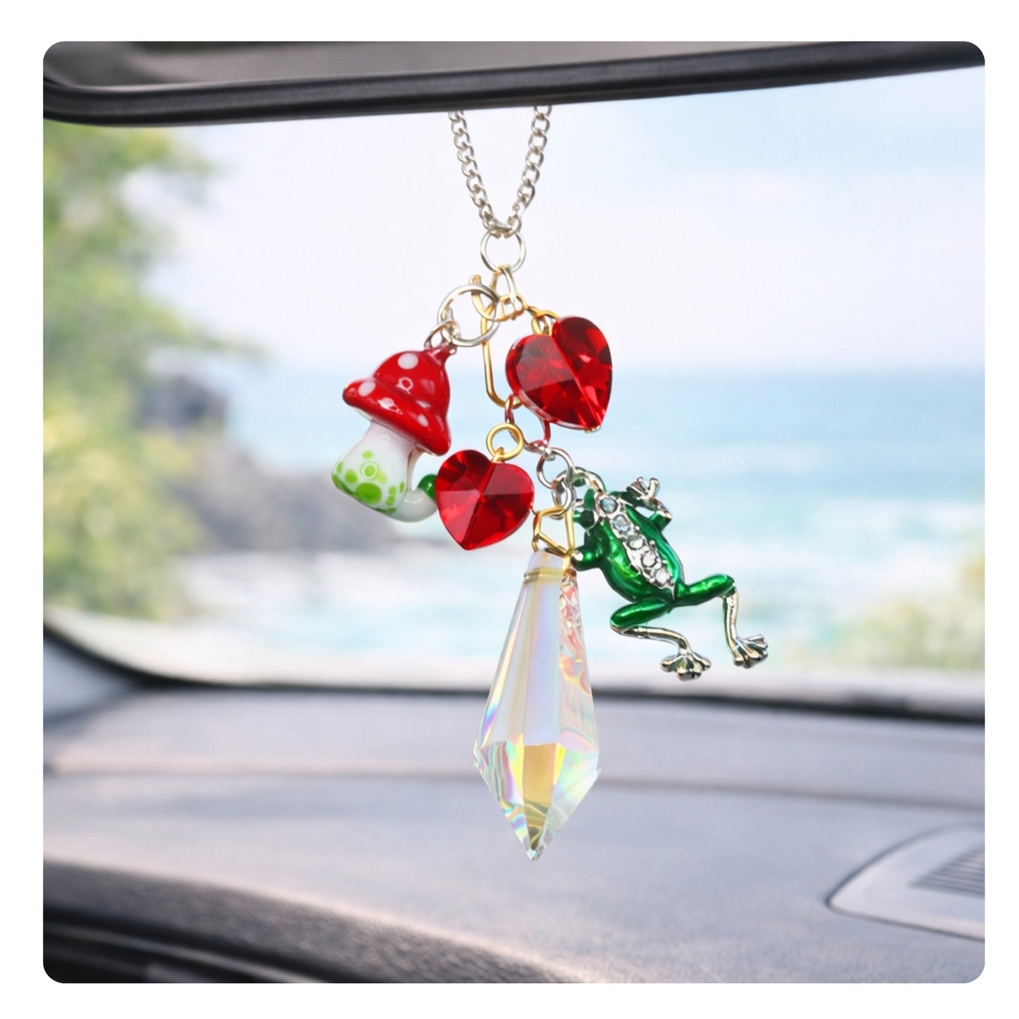 Frog Car Charm – Glass Mushroom Prism Rear View Mirror Sun Catcher, Cottagecore Handmade Gift