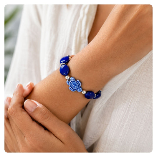 Lapis Lazuli blue stone bracelet with turtle charm