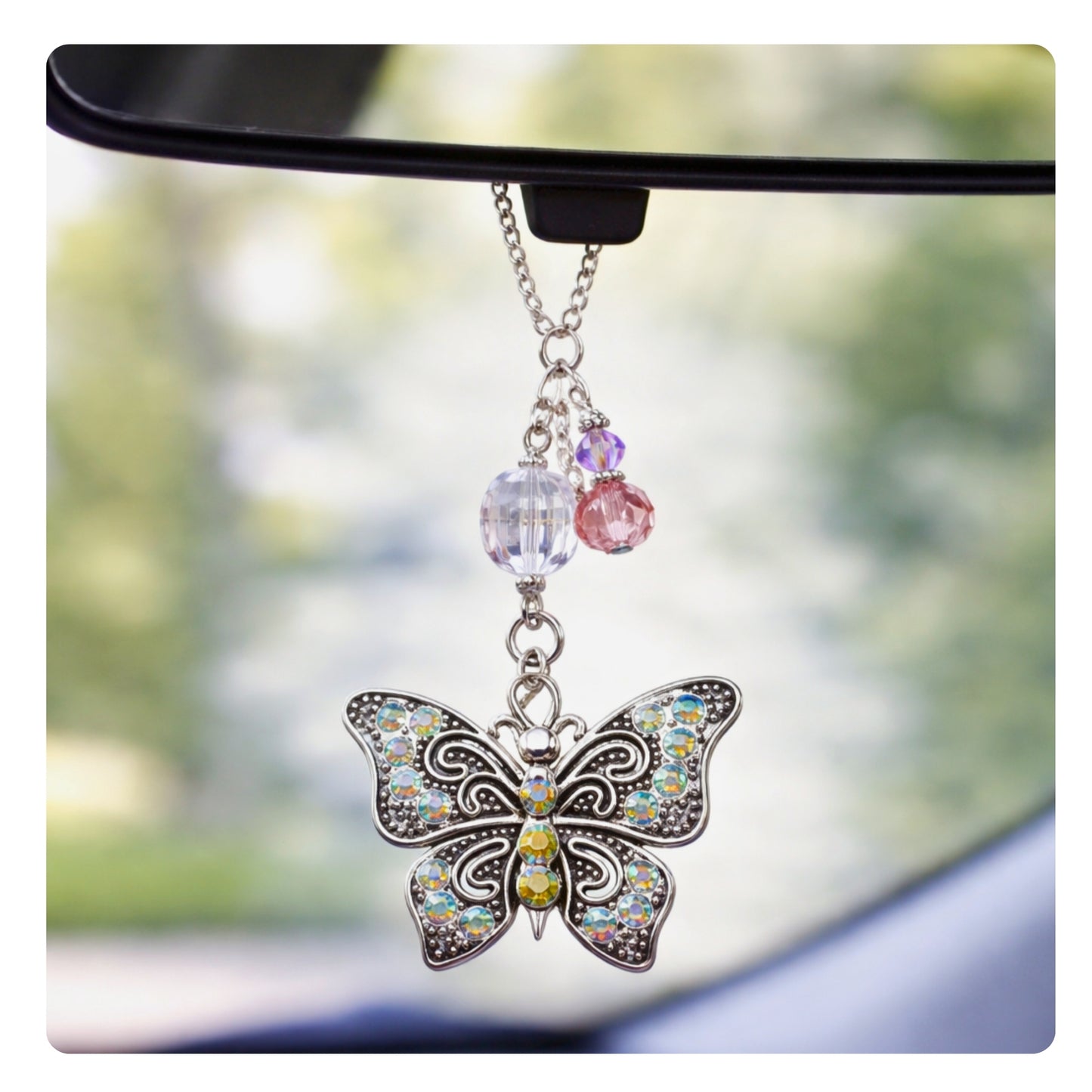 Butterfly Car Charm – Rhinestone Rear View Mirror Sun Catcher, Sparkling Handmade Gift for Her