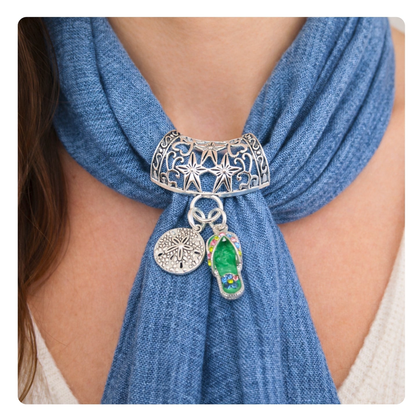 Sand dollar and rhinestone flip flop scarf slide pendant — handmade coastal beach scarf jewelry charm