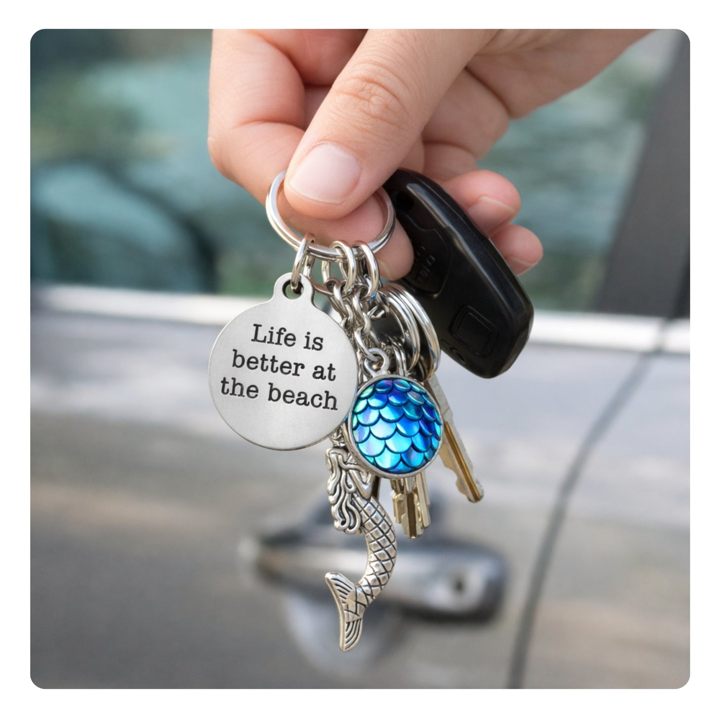 Mermaid Keychain – Life Is Better at the Beach Quote Keyring, Coastal Ocean Gift
