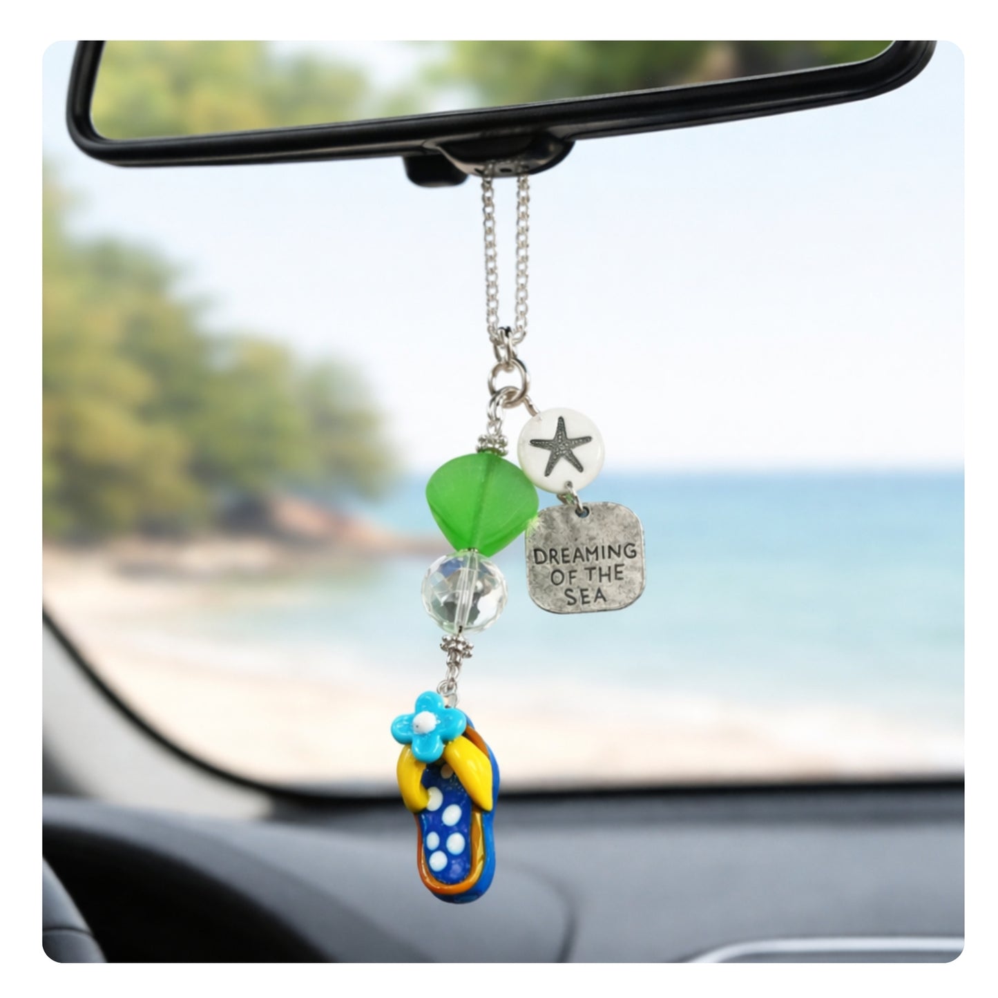 Sea Glass Car Charm – Flip Flop & Starfish Rear View Mirror Ornament with Beach Quote