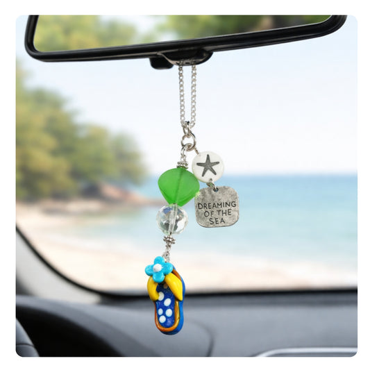 Sea Glass Car Charm – Flip Flop & Starfish Rear View Mirror Ornament with Beach Quote