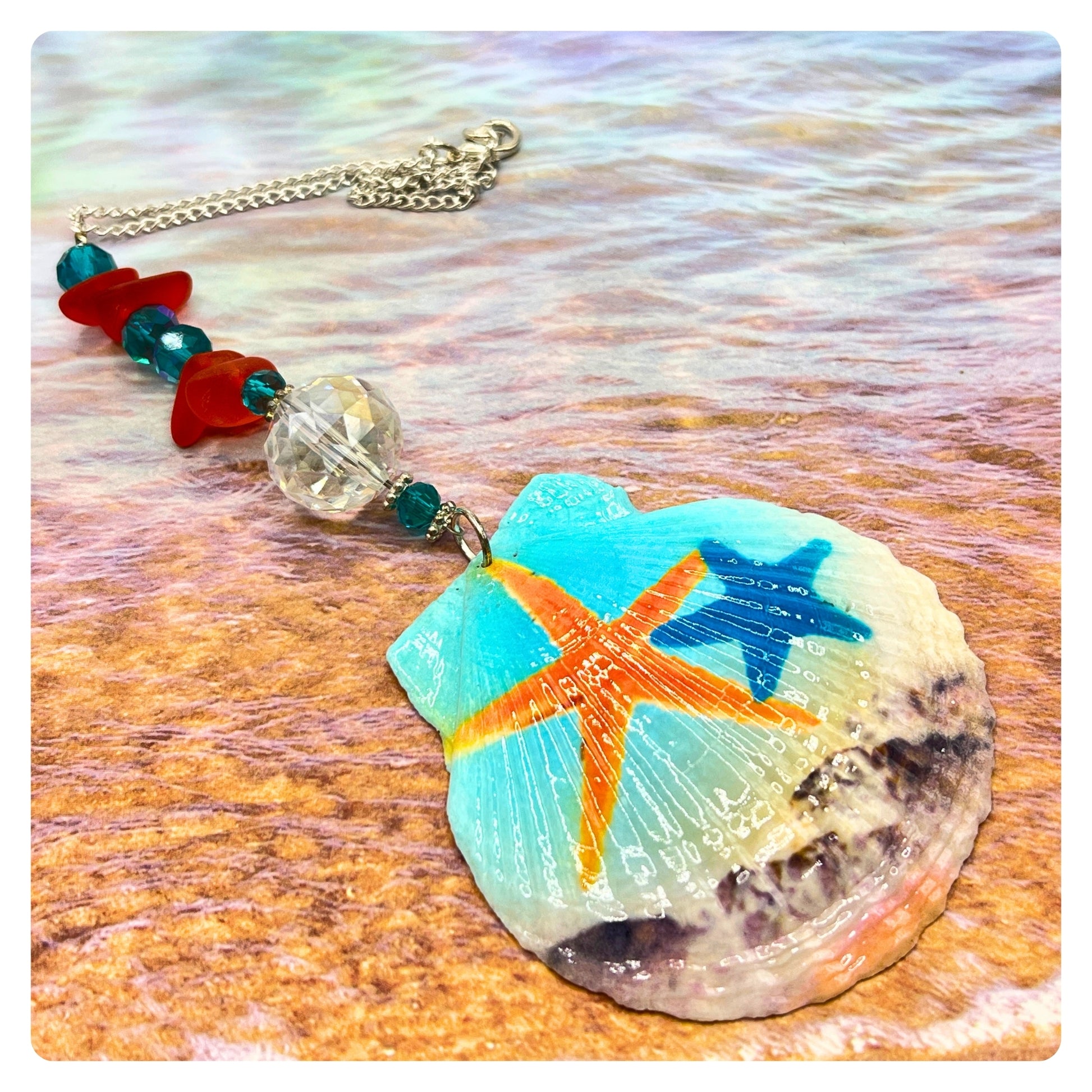 Painted seashell sun catcher for car rear view mirror — handmade coastal beach decor accessory