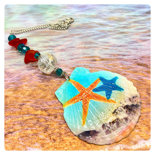 Painted seashell sun catcher for car rear view mirror — handmade coastal beach decor accessory