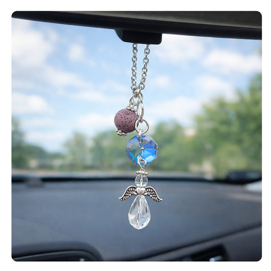 Angel Car Charm – Crystal Sun Catcher Rear View Mirror Charm with Essential Oil Diffuser, Guardian Gift