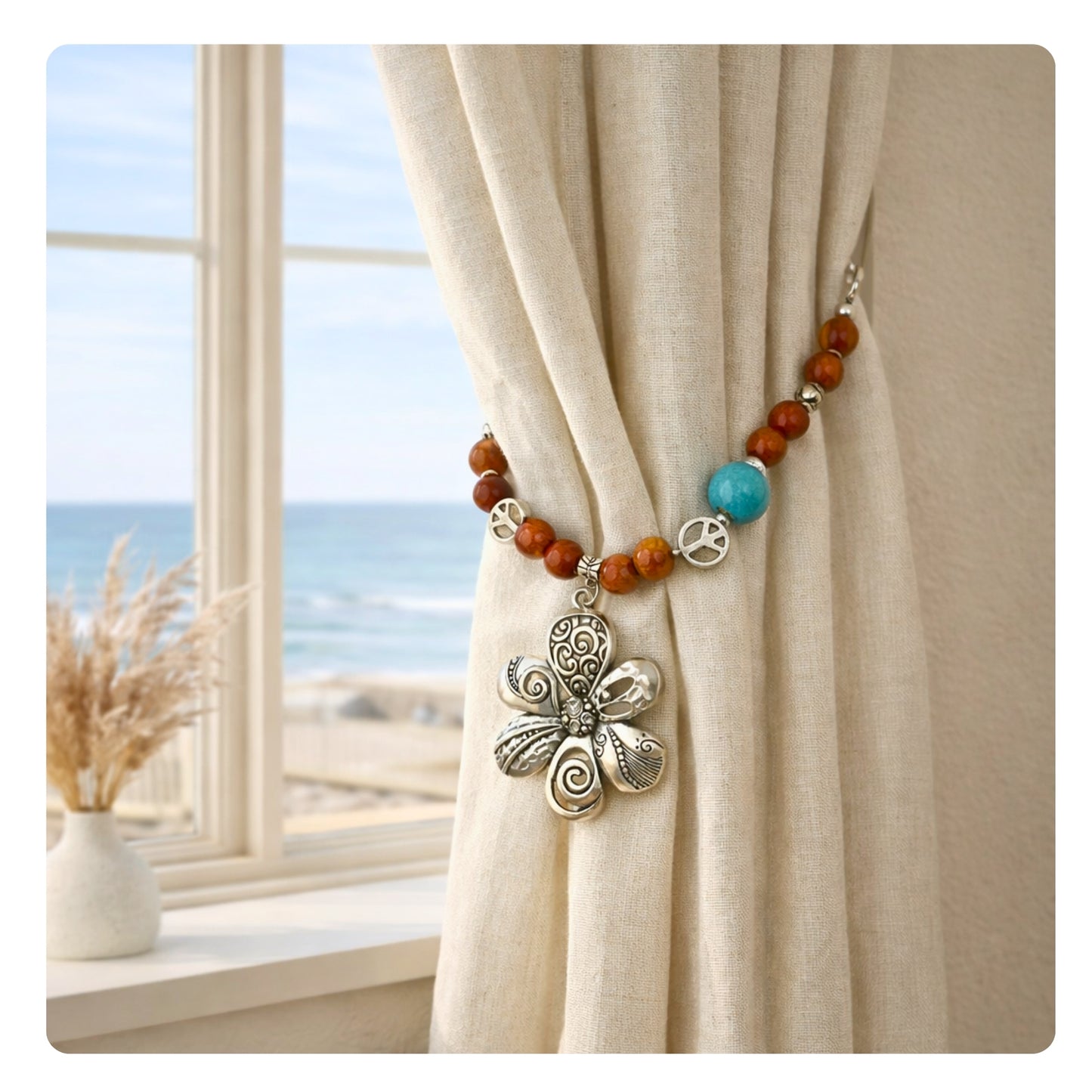 Set of two boho flower curtain tiebacks with wood beads and turquoise accents shown styled on sheer curtains — handmade bohemian home decor