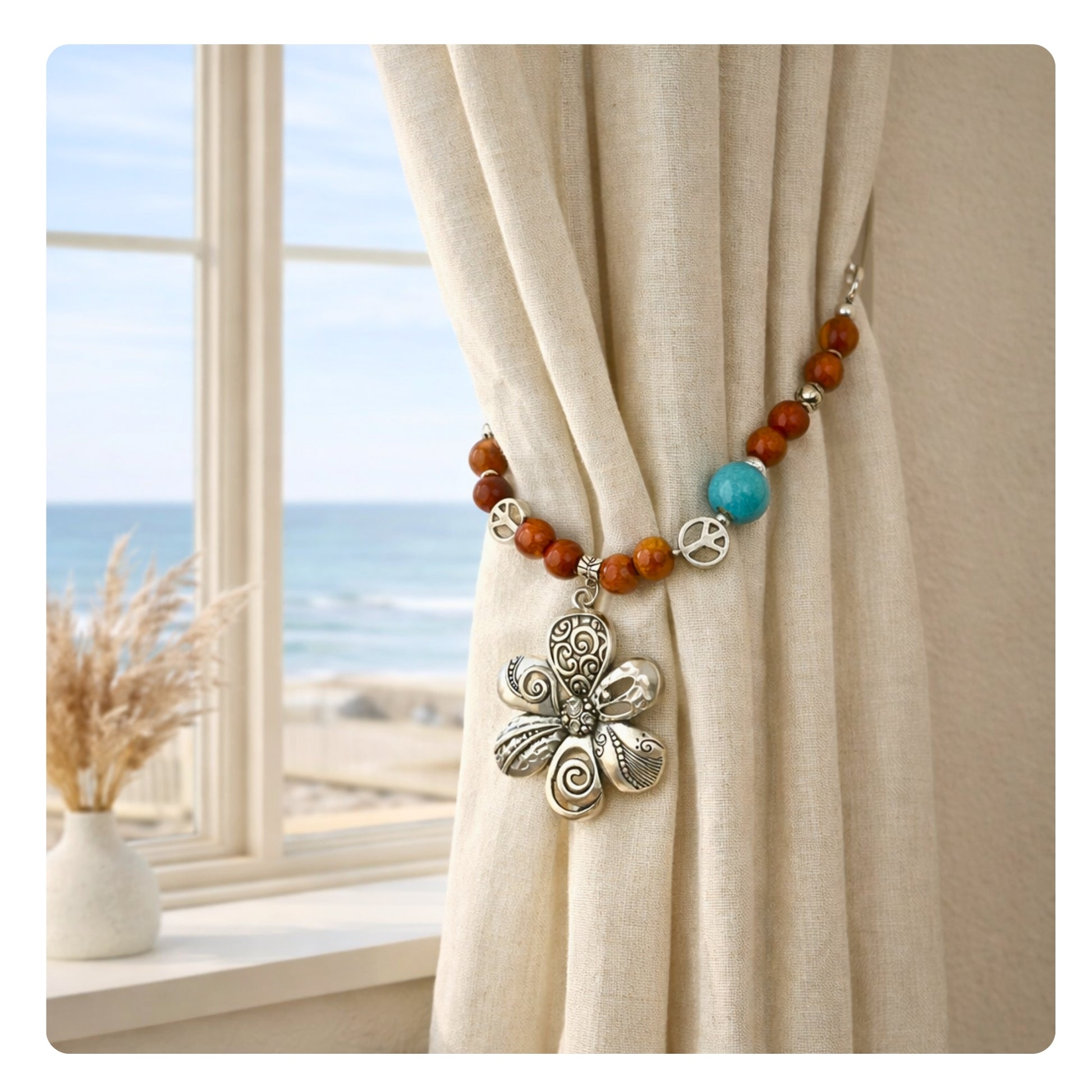 Set of two boho flower curtain tiebacks with wood beads and turquoise accents shown styled on sheer curtains — handmade bohemian home decor