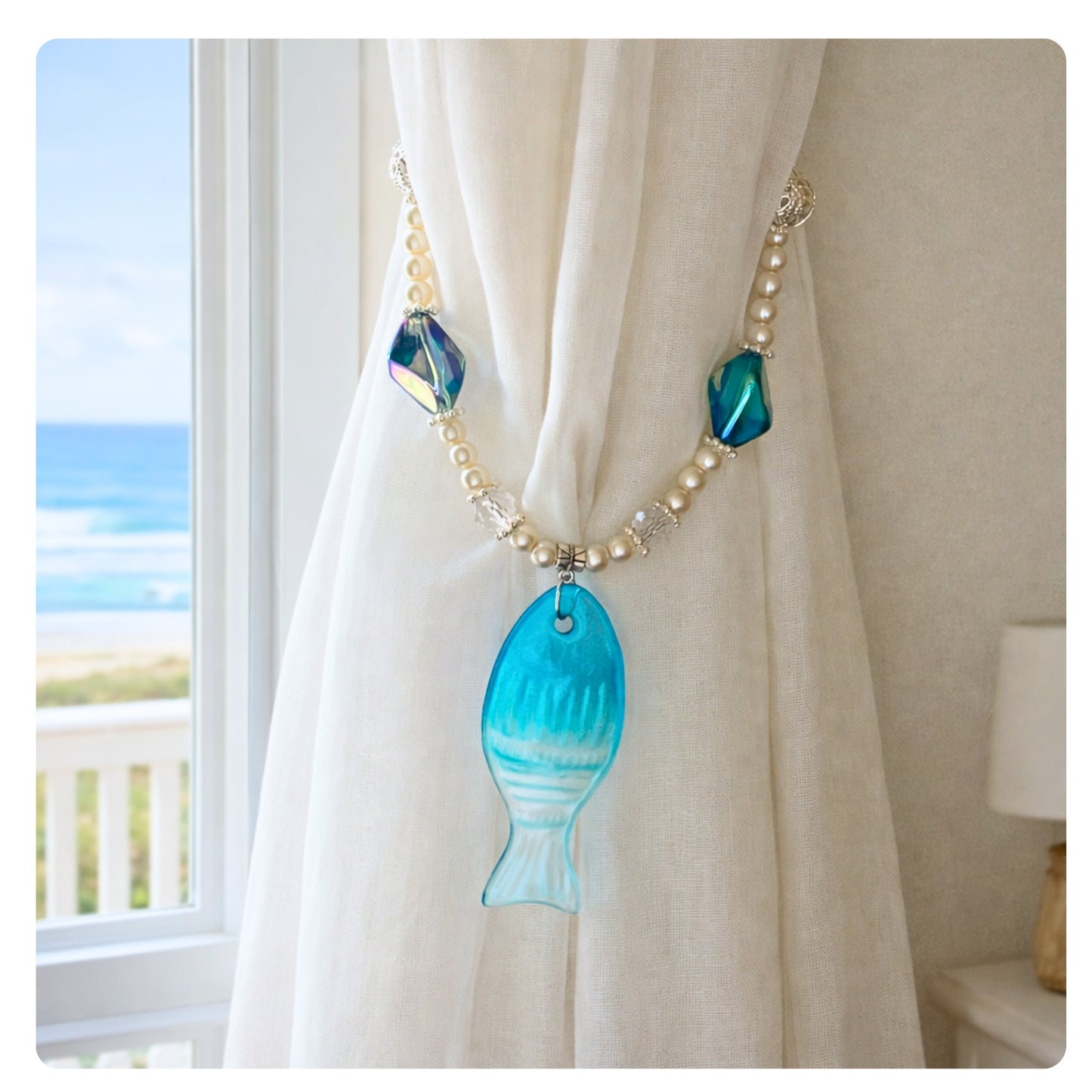 Fish Curtain Tiebacks – Pearl Bead & Glass Fish Pendant Coastal Home Decor, Handmade Set of 2