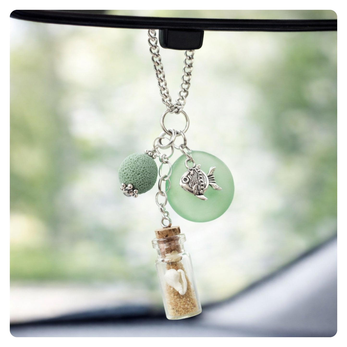 Sea Glass Car Charm – Beach Bottle & Fish Charm Rear View Mirror Diffuser, Coastal Ocean Gift
