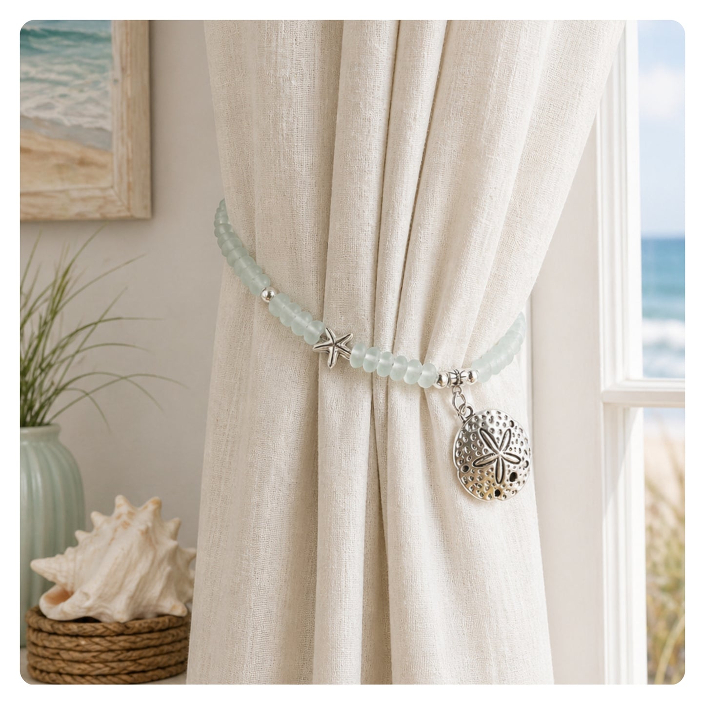 Sand Dollar Curtain Tiebacks – Sea Glass Beaded Coastal Beach Decor, Handmade Set of 2