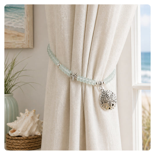 Sand Dollar Curtain Tiebacks – Sea Glass Beaded Coastal Beach Decor, Handmade Set of 2