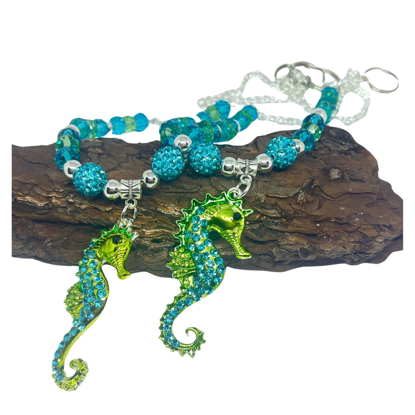 Rhinestone Seahorse Curtain Tiebacks – Crystal Beaded Coastal Window Accent, Handmade Set of 2