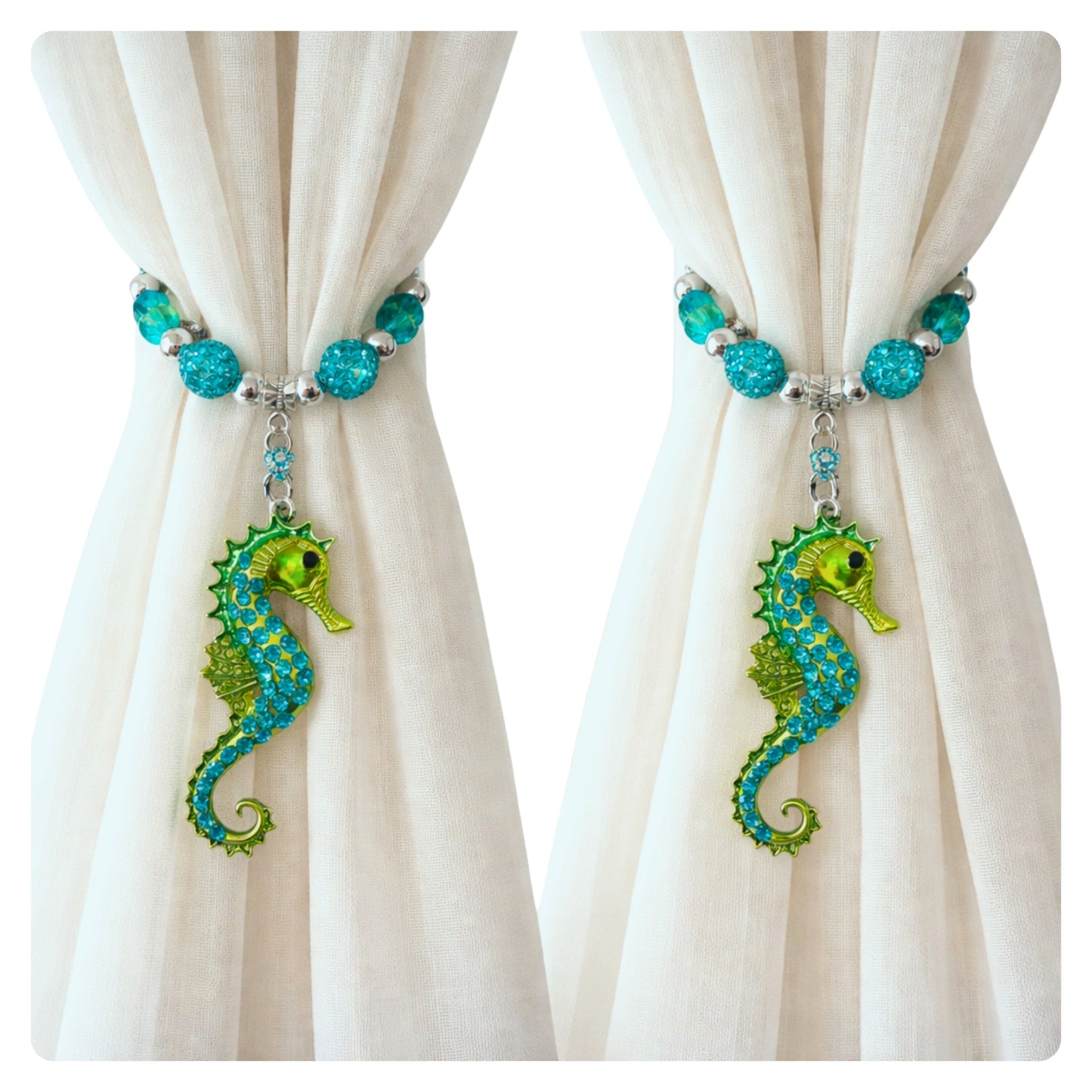 Rhinestone seahorse curtain tiebacks shown styled on sheer curtains — handmade coastal window accent home decor