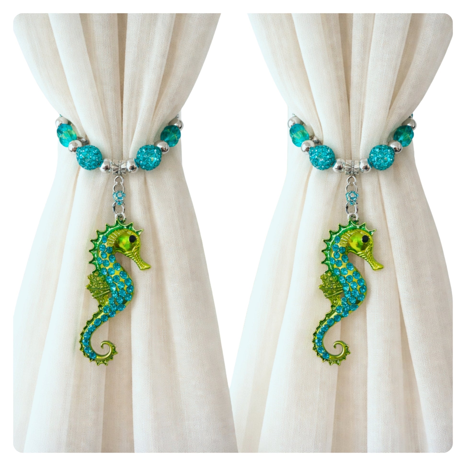 Rhinestone seahorse curtain tiebacks shown styled on sheer curtains — handmade coastal window accent home decor